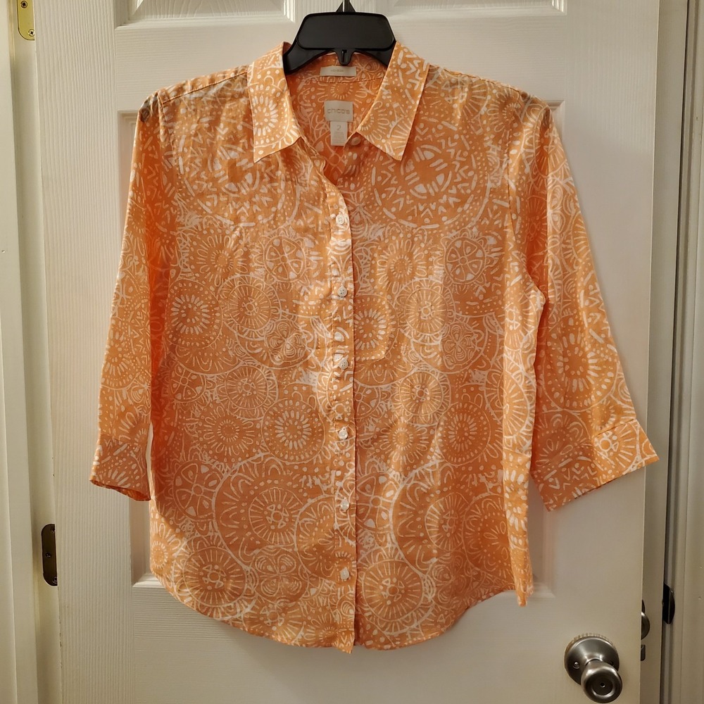 Chico's Women No Iron Linen button up Top Sz 2 (12/14) Coral Beach Travel Resort
